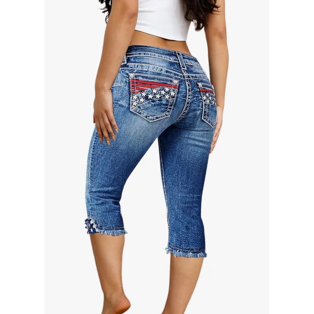 Flamingals American Theme Mid Waist Capri Jeans Blue Star Stripe XL